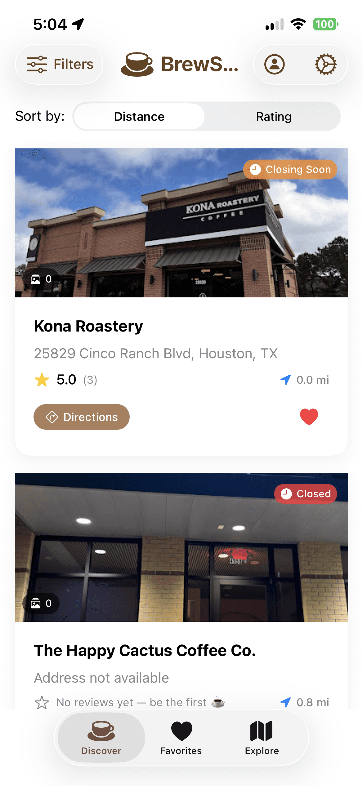 Nearby cafés, sorted by distance or rating